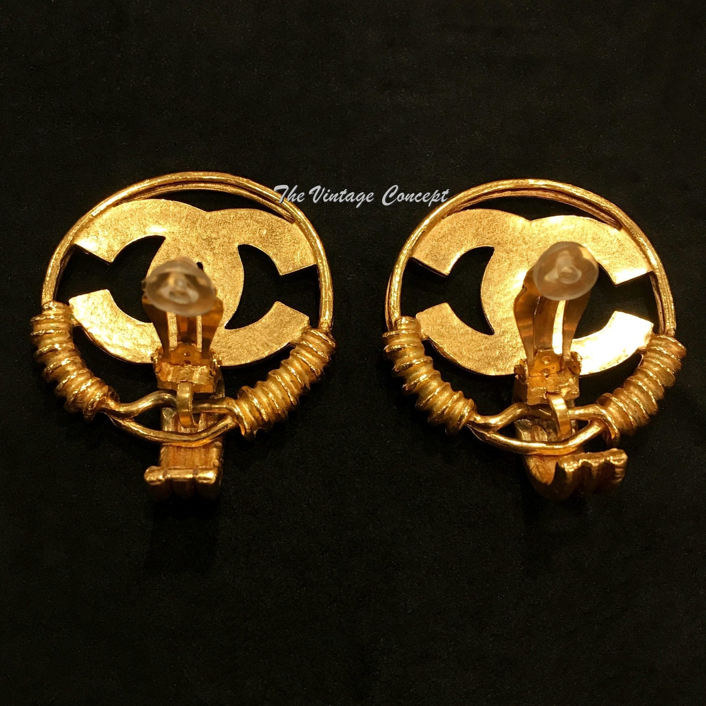 Chanel Gold Tone Large Hoop Big CC Logo Clip Earrings 94P