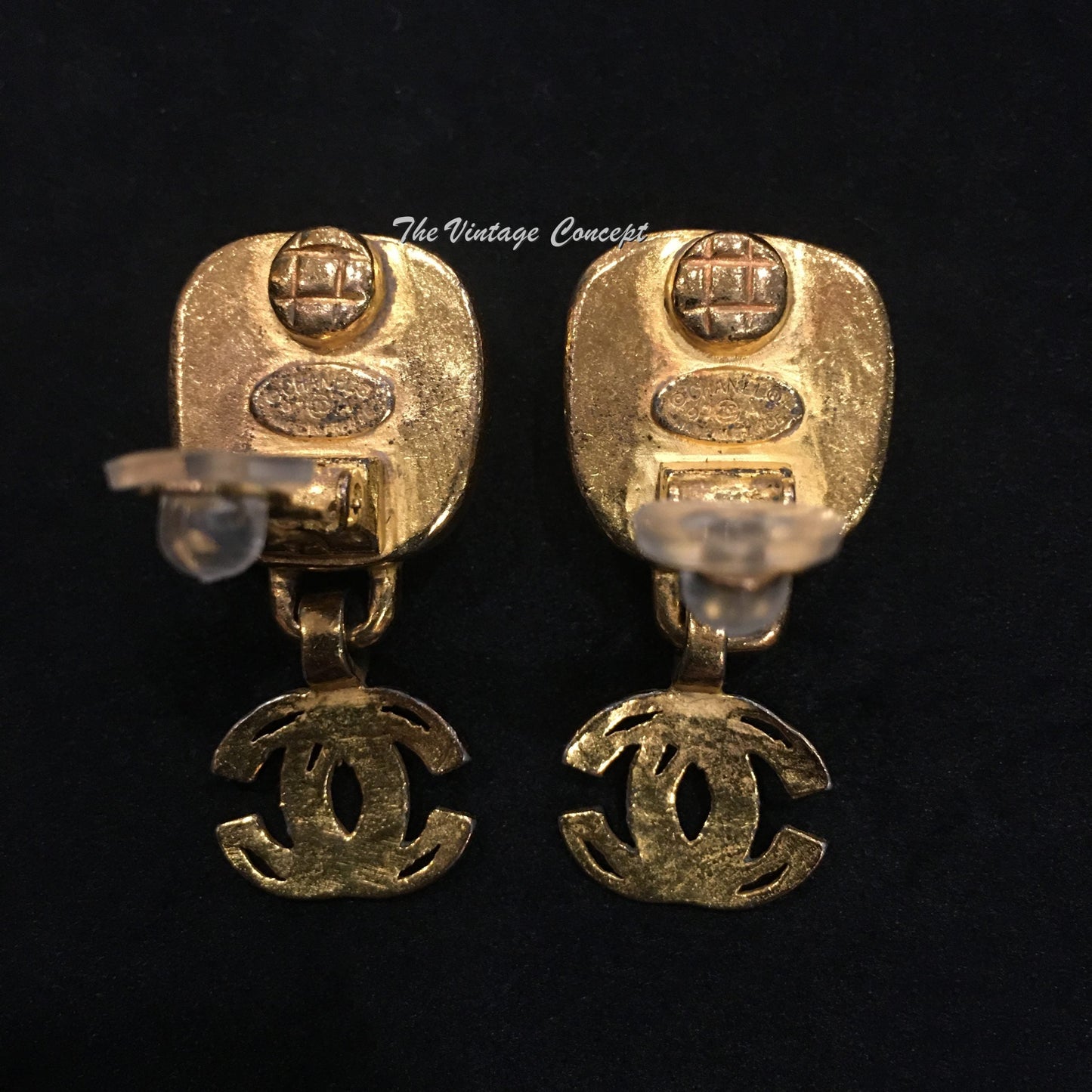 Chanel Gold Tone Gold Shiny Stone w/ Dangle CC Logo Clip Earrings 97A  (SOLD)