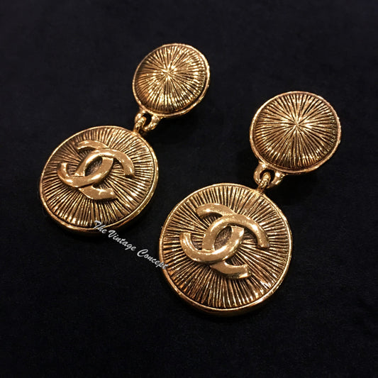 Chanel Gold Tone Round Shape Dangle Clip Earrings from 80's