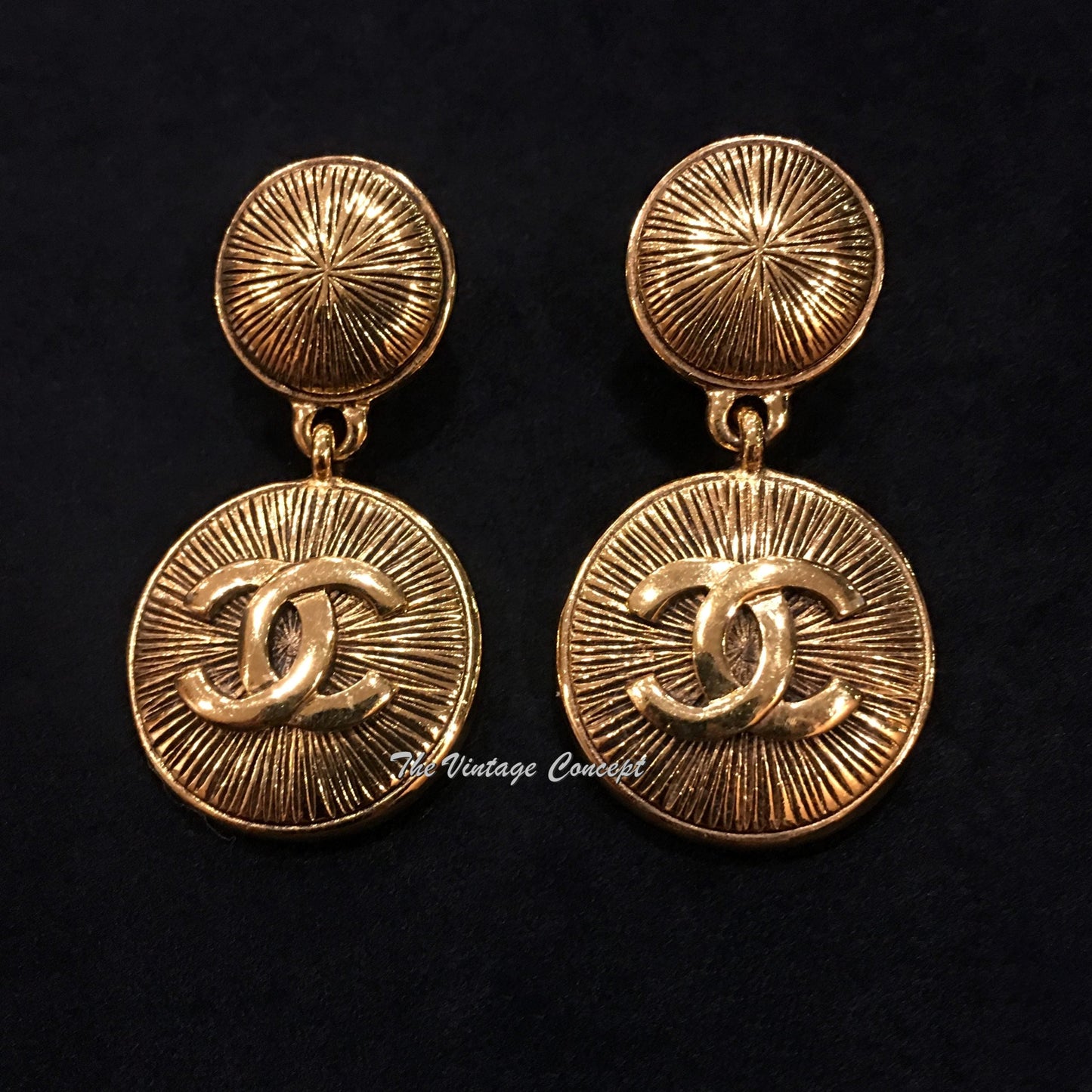 Chanel Gold Tone Round Shape Dangle Clip Earrings from 80's