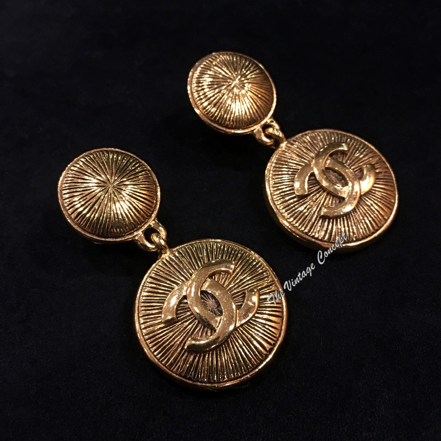 Chanel Gold Tone Round Shape Dangle Clip Earrings from 80's