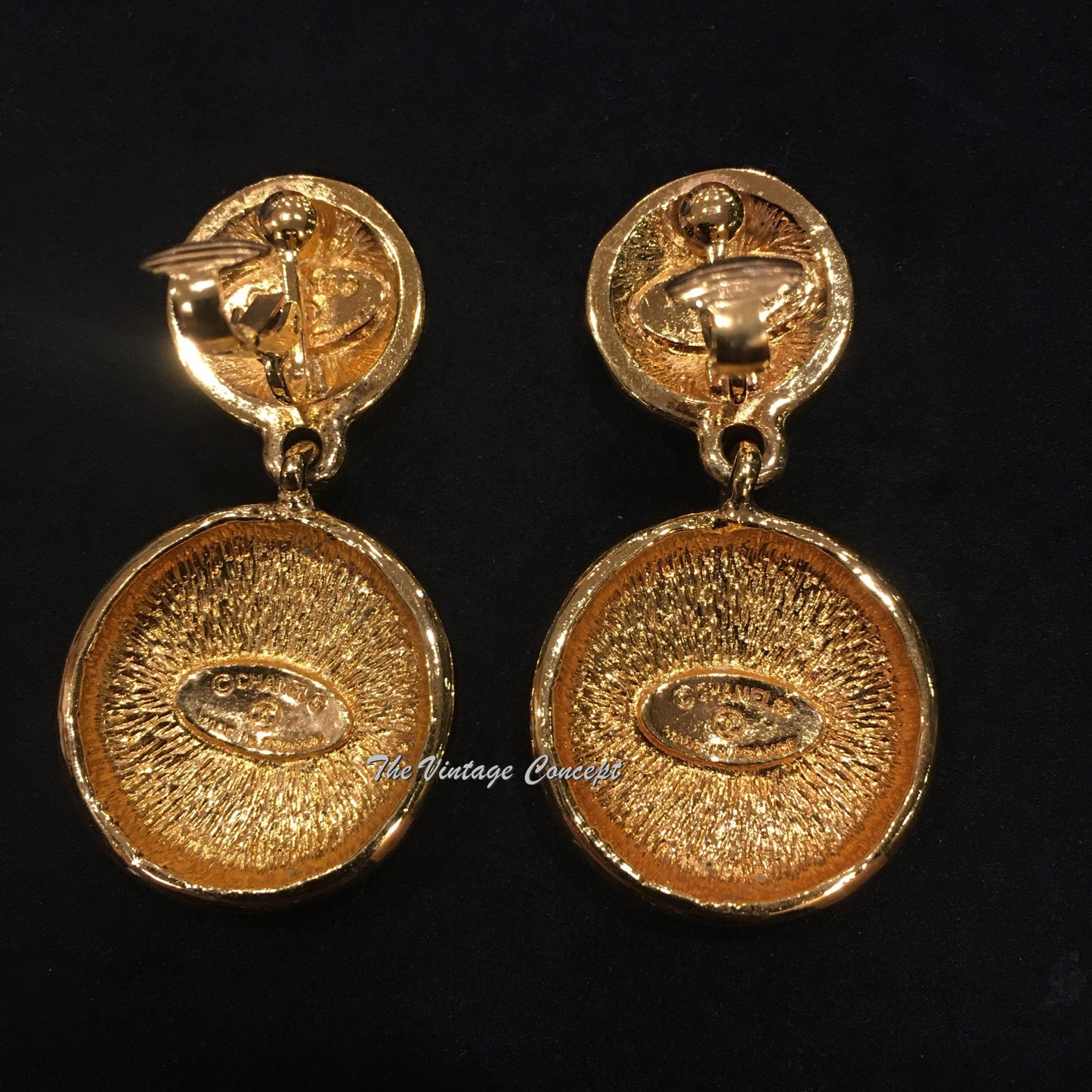 Chanel Gold Tone Round Shape Dangle Clip Earrings from 80's