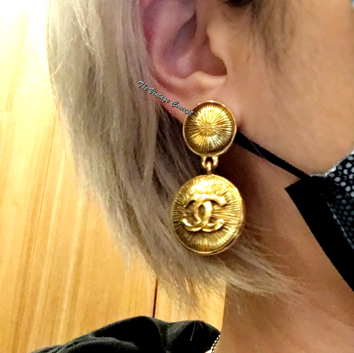 Chanel Gold Tone Round Shape Dangle Clip Earrings from 80's