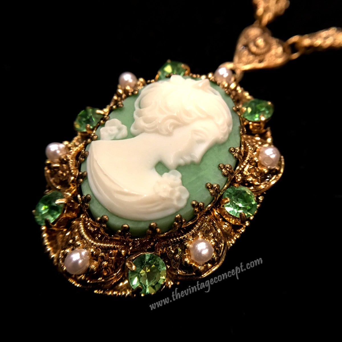 1950 West German Green Cameo Necklace and Clips Earrings Set (SOLD)