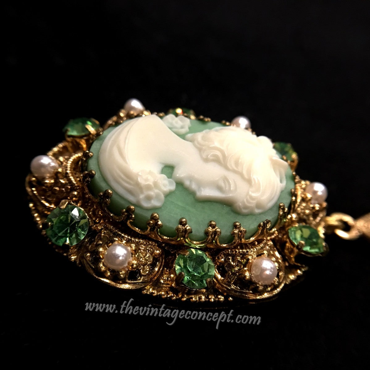 1950 West German Green Cameo Necklace and Clips Earrings Set (SOLD)