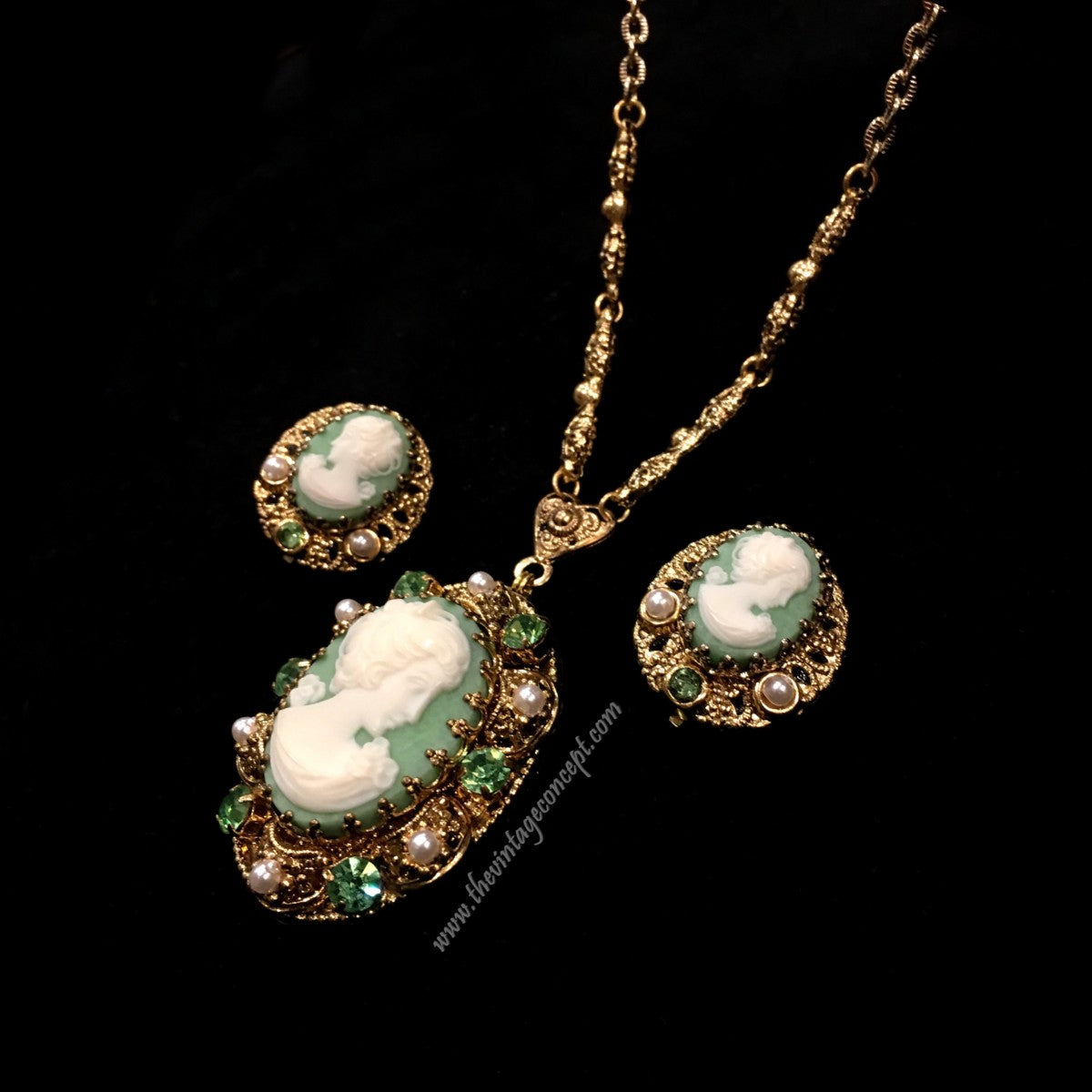 1950 West German Green Cameo Necklace and Clips Earrings Set (SOLD)