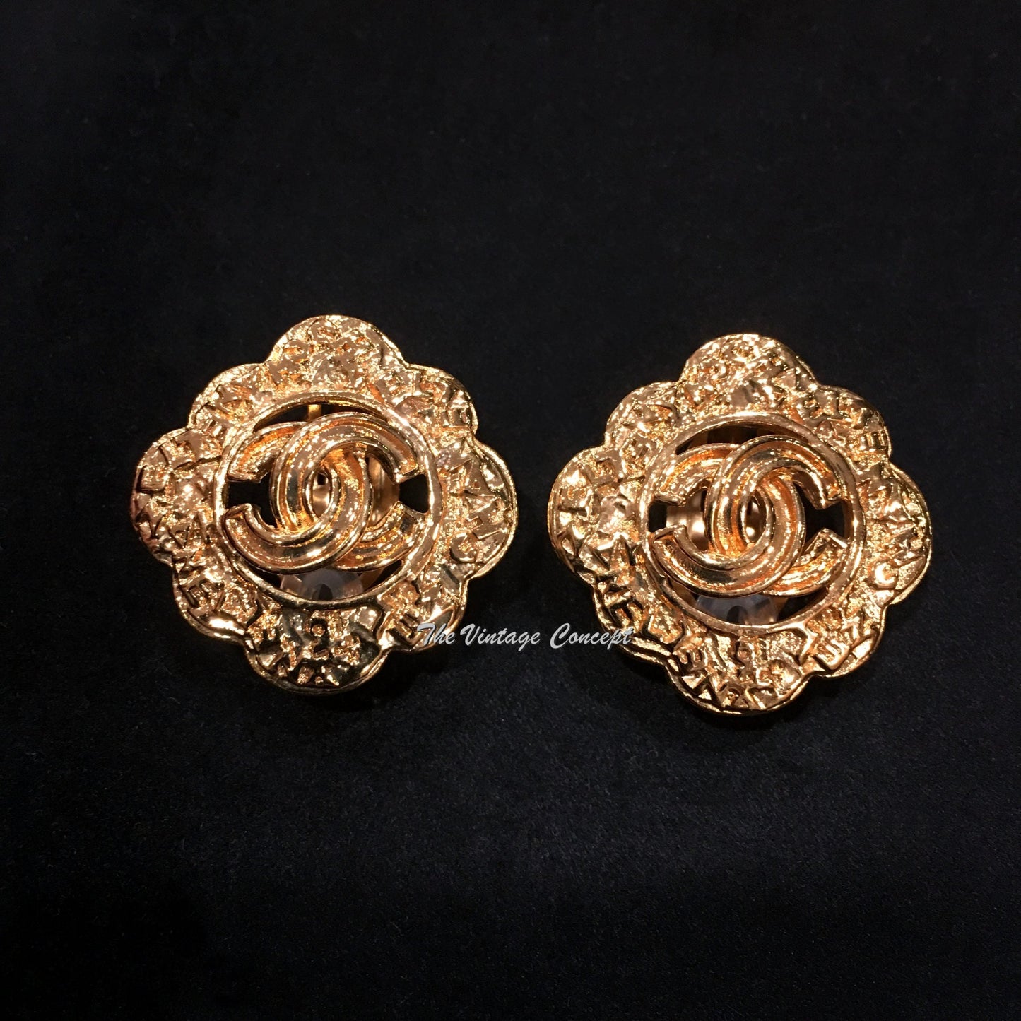 Chanel Gold Tone Diamond Shape Scramble Word Logo Clip Earrings 95A (SOLD)