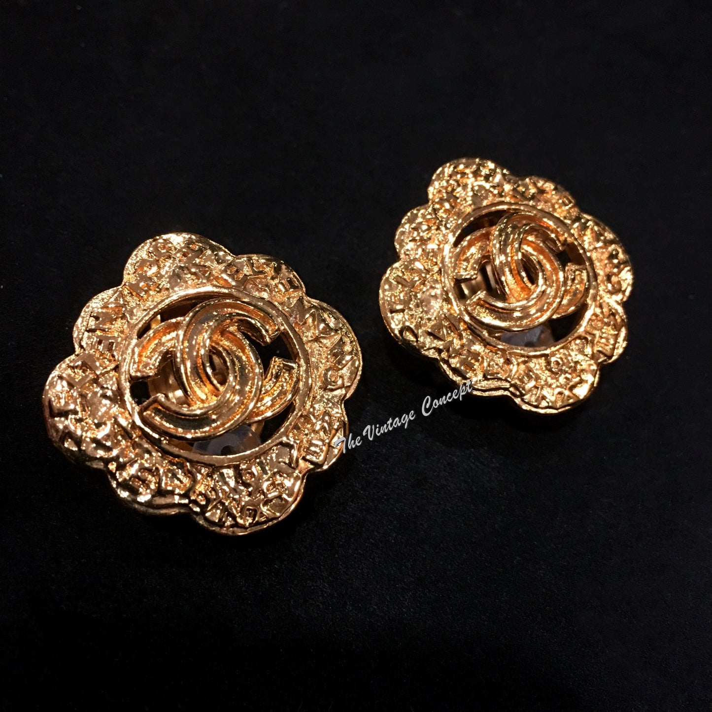 Chanel Gold Tone Diamond Shape Scramble Word Logo Clip Earrings 95A (SOLD)