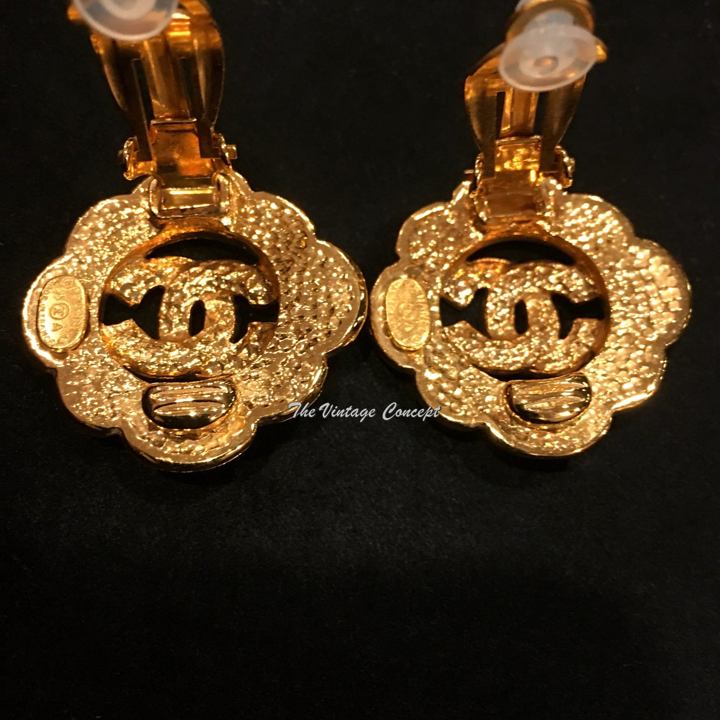 Chanel Gold Tone Diamond Shape Scramble Word Logo Clip Earrings 95A (SOLD)