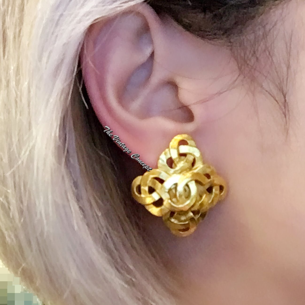 Chanel Gold Tone Diamond Shape Logo Clip Earrings 97P  (SOLD)