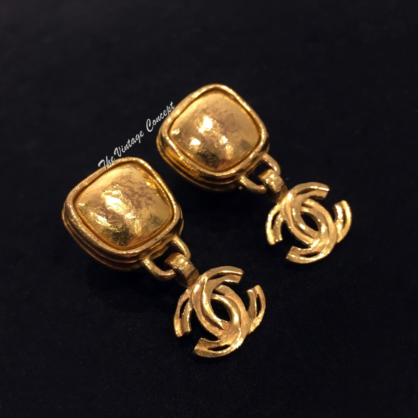 Chanel Gold Tone Gold Shiny Stone w/ Dangle CC Logo Clip Earrings 97A  (SOLD)