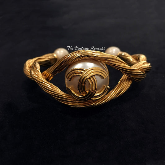 Chanel Gold Tone Faux Pearl w/ Logo Bangle (SOLD)