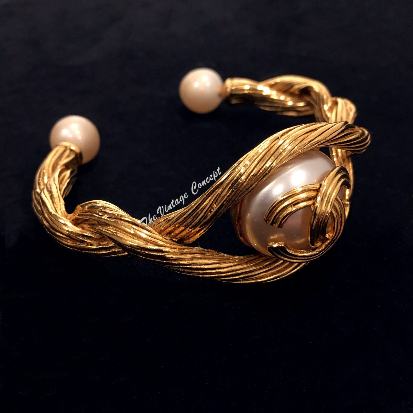 Chanel Gold Tone Faux Pearl w/ Logo Bangle (SOLD)