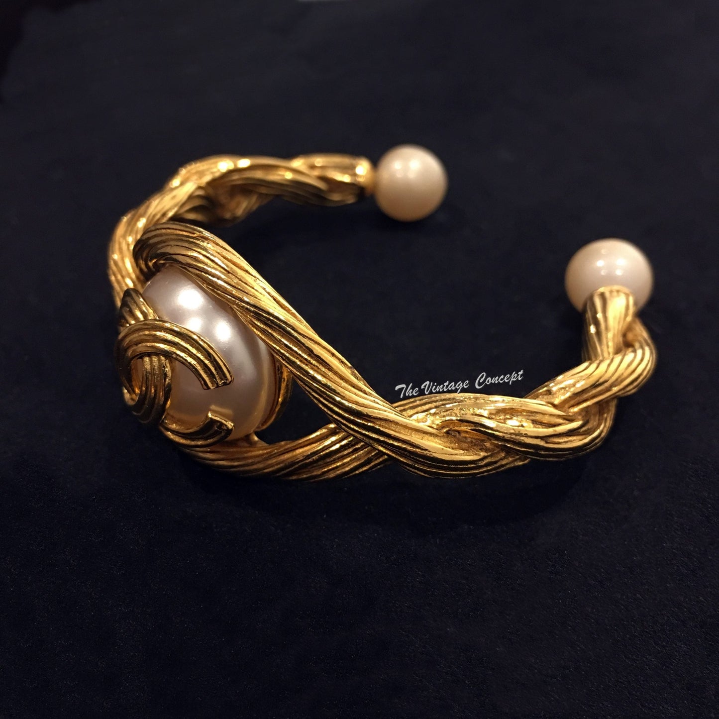 Chanel Gold Tone Faux Pearl w/ Logo Bangle (SOLD)