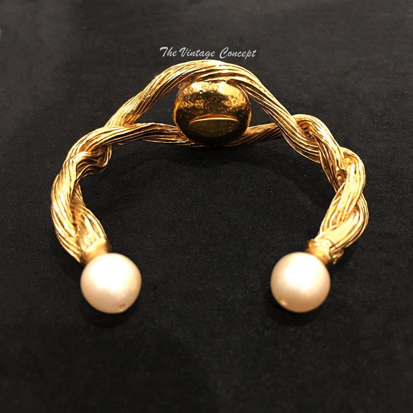 Chanel Gold Tone Faux Pearl w/ Logo Bangle (SOLD)