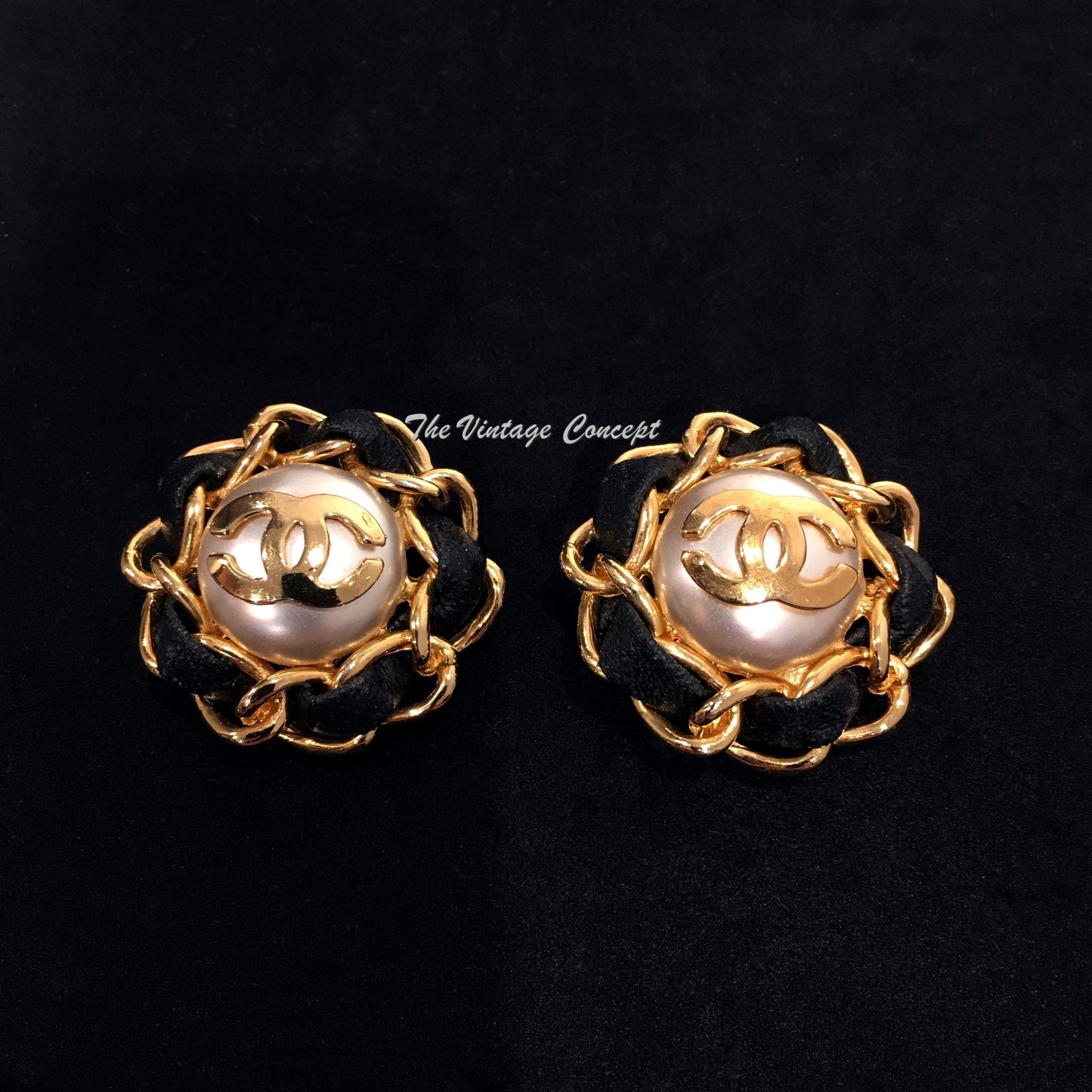 Chanel Gold Tone Large Faux Pearl Leather Clip Earrings from 80's