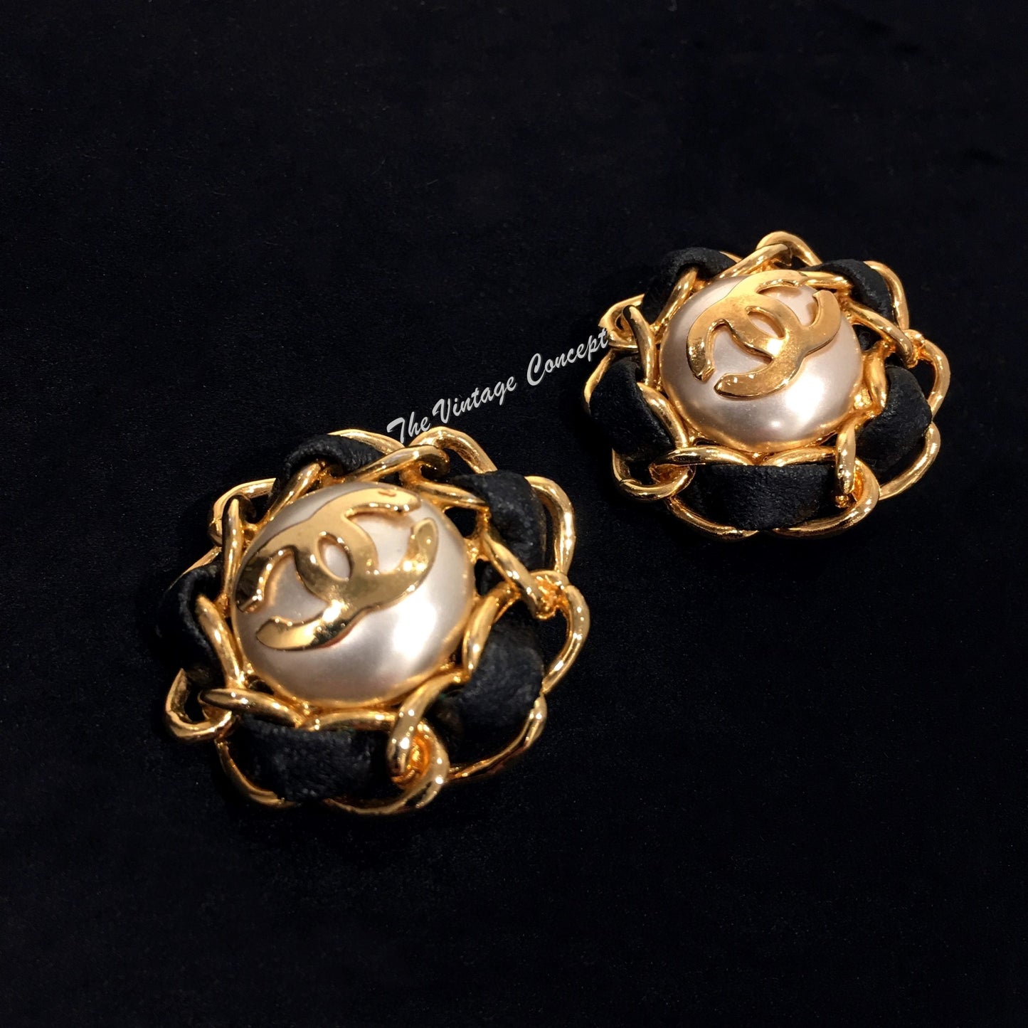 Chanel Gold Tone Large Faux Pearl Leather Clip Earrings from 80's