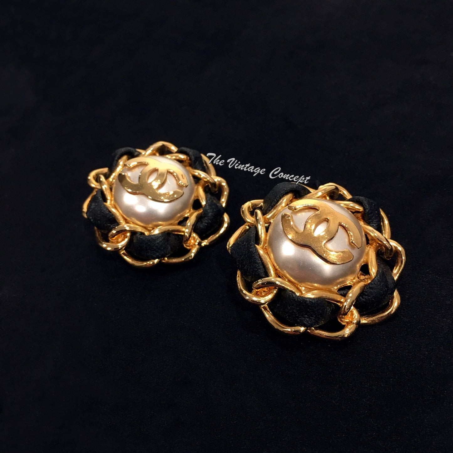 Chanel Gold Tone Large Faux Pearl Leather Clip Earrings from 80's