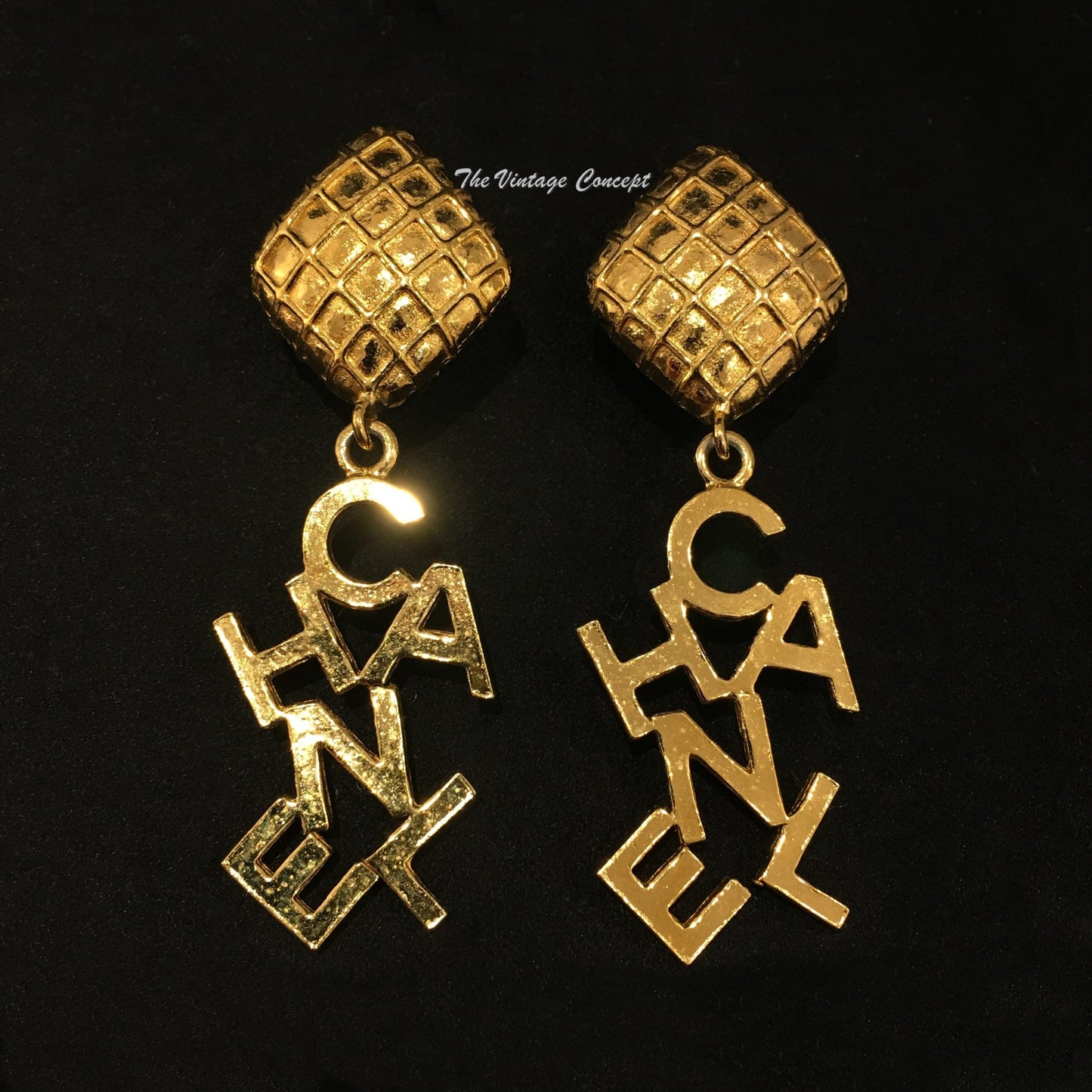 Chanel Gold Tone Diamond Shape Dangle C-H-A-N-E-L Clip Earring from 80's (SOLD)