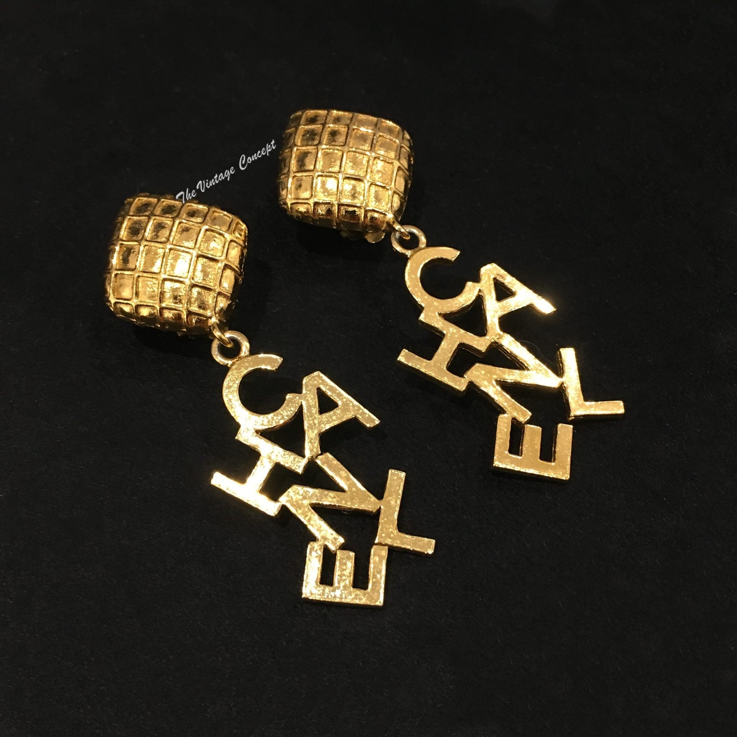 Chanel Gold Tone Diamond Shape Dangle C-H-A-N-E-L Clip Earring from 80's (SOLD)