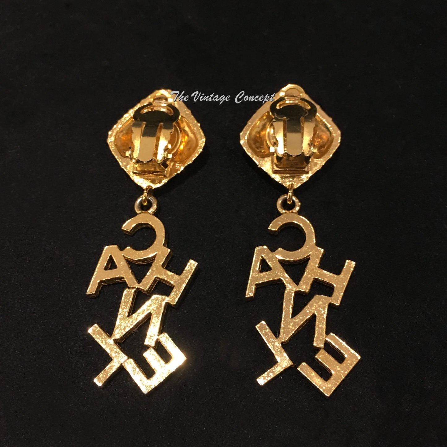 Chanel Gold Tone Diamond Shape Dangle C-H-A-N-E-L Clip Earring from 80's (SOLD)