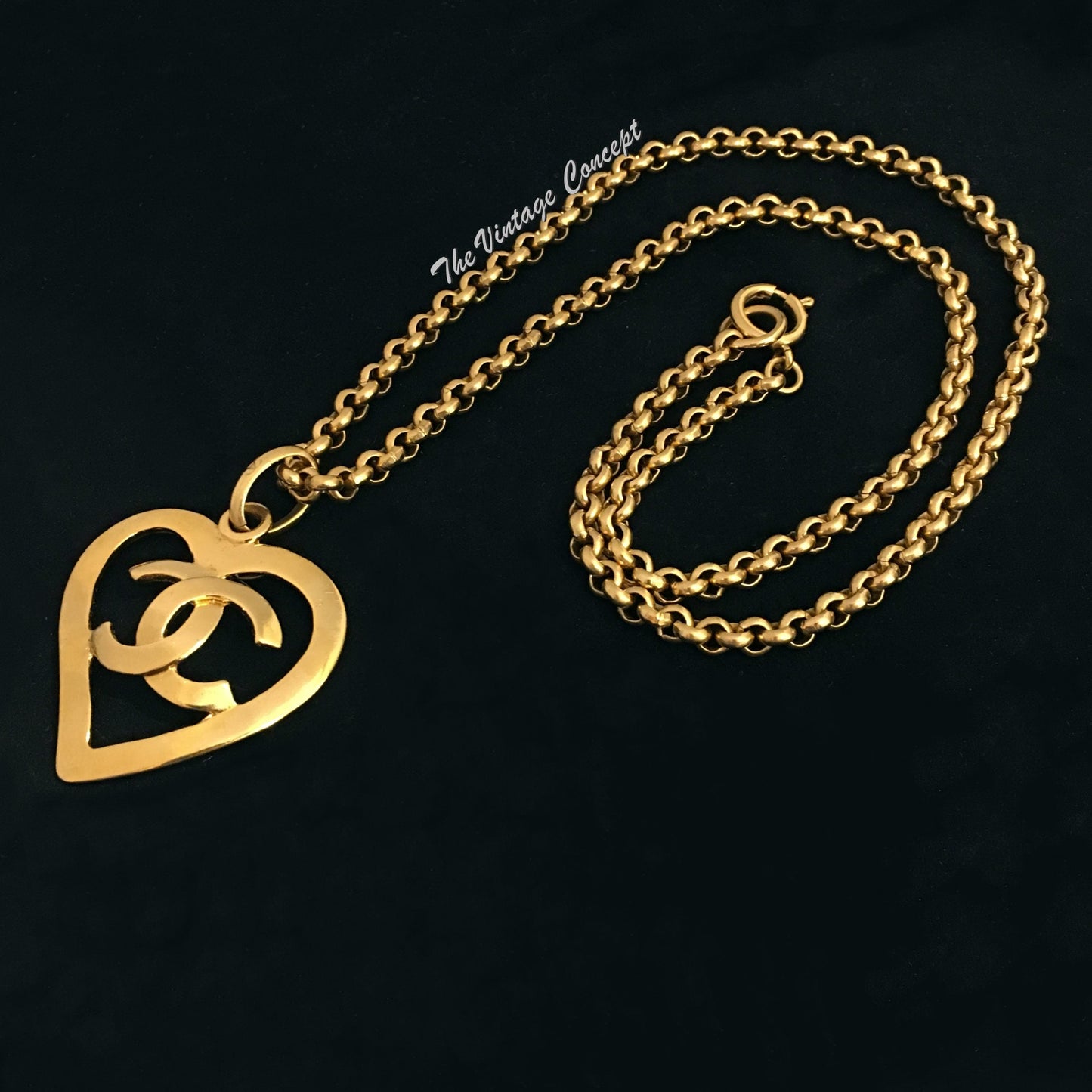 Chanel Gold Tone Heart Shape Logo Necklace