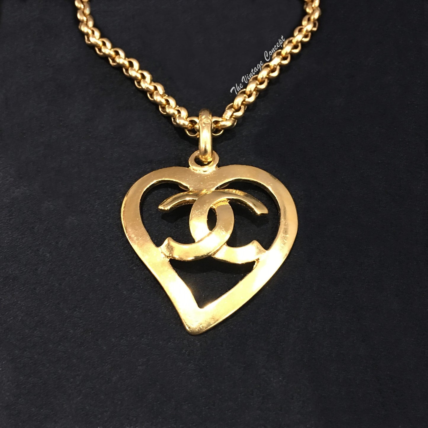 Chanel Gold Tone Heart Shape Logo Necklace