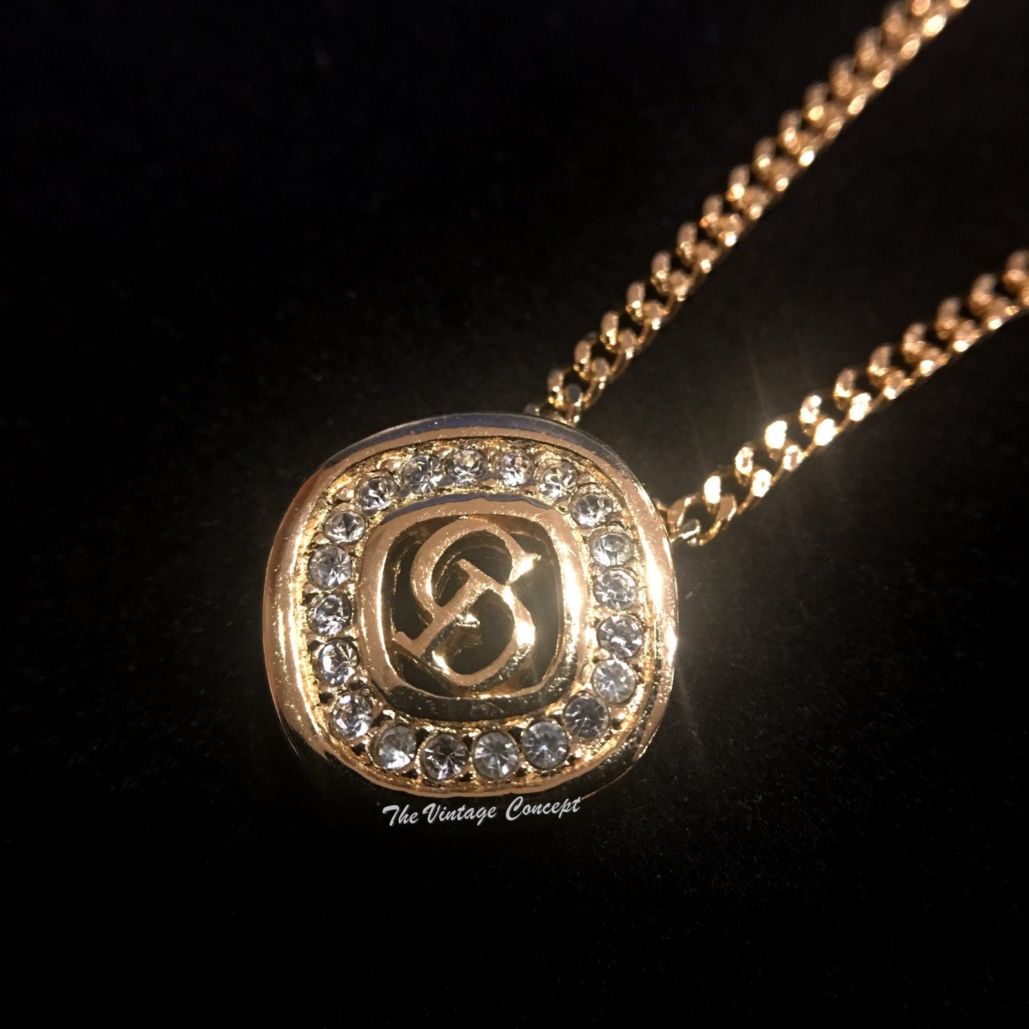 Dior Gold Tone "CD" Diamond Shape w/ Rhinestones necklace