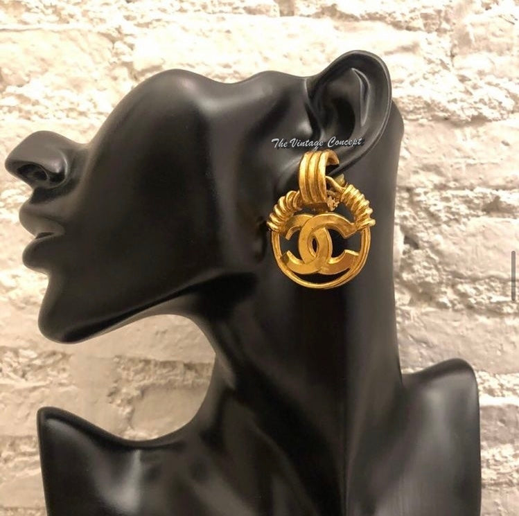 Chanel Gold Tone Large Hoop Big CC Logo Clip Earrings 94P