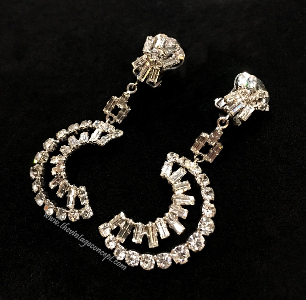 1950's British Baguette Crystal Rhinestone Half Moon Drop Clip Earrings (SOLD)