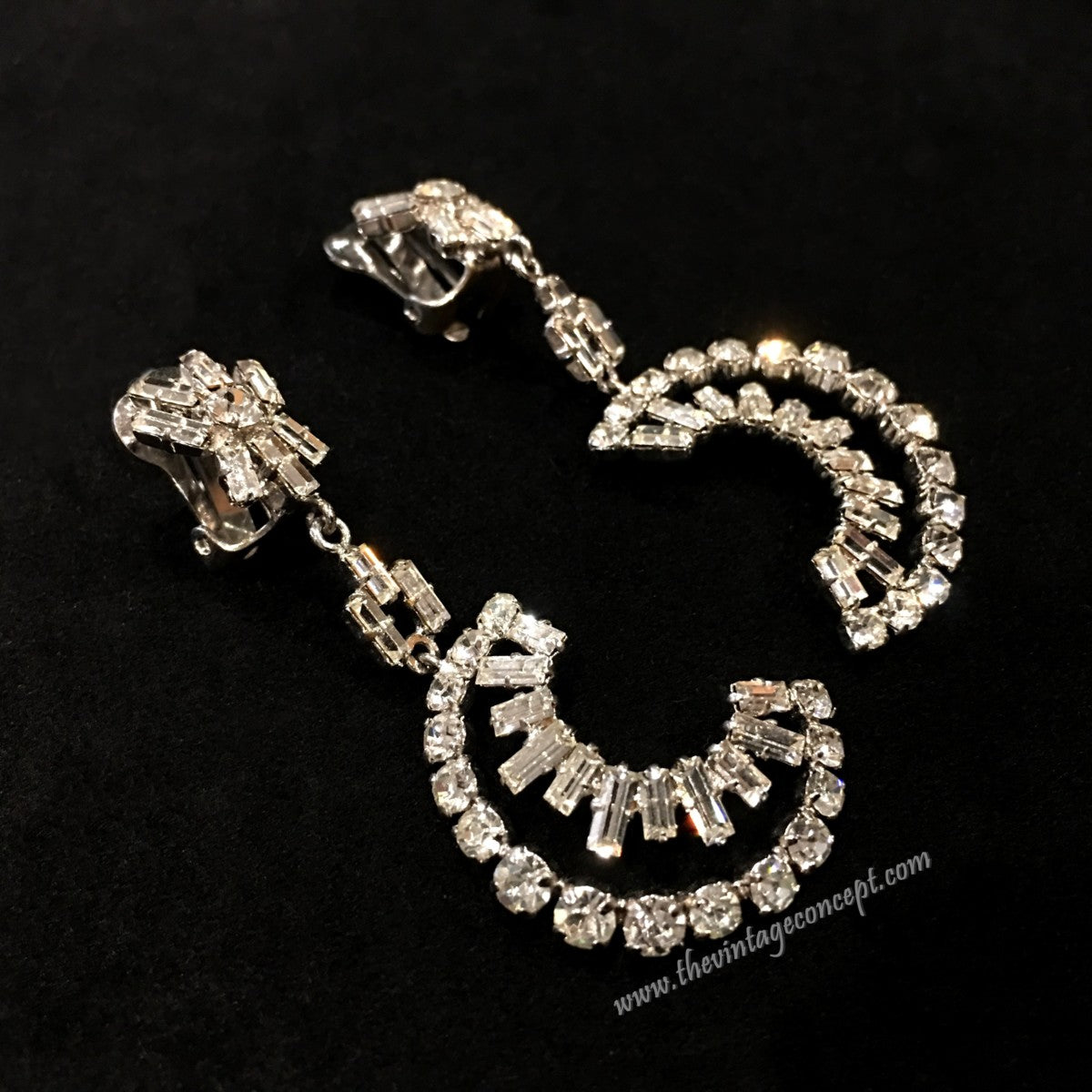 1950's British Baguette Crystal Rhinestone Half Moon Drop Clip Earrings (SOLD)