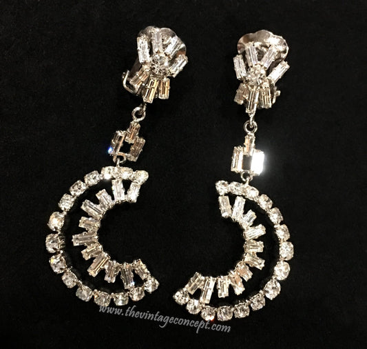 1950's British Baguette Crystal Rhinestone Half Moon Drop Clip Earrings (SOLD)