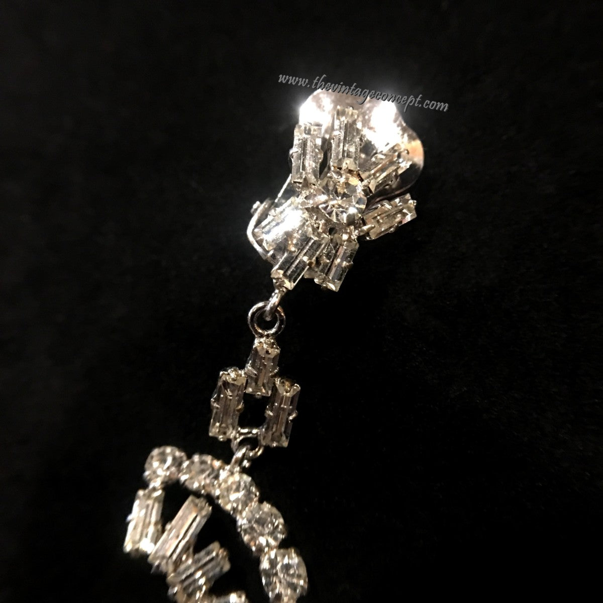 1950's British Baguette Crystal Rhinestone Half Moon Drop Clip Earrings (SOLD)