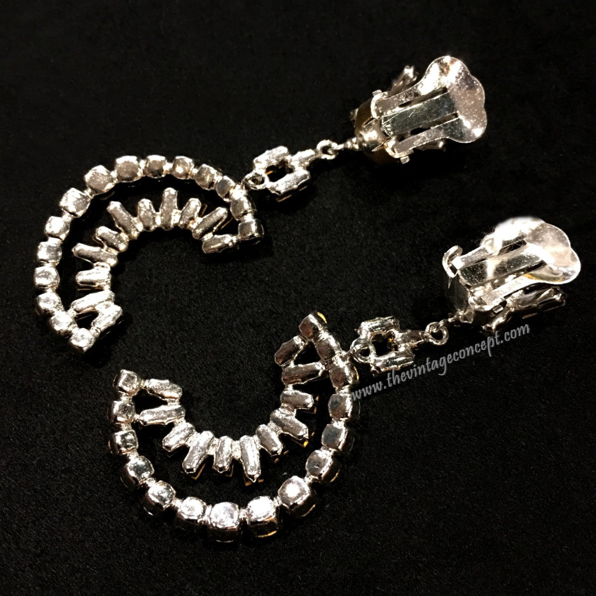 1950's British Baguette Crystal Rhinestone Half Moon Drop Clip Earrings (SOLD)