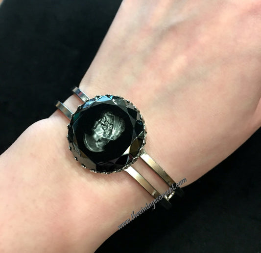 1950's Rhodium Plated Hematite Cameo Hinge Bangle