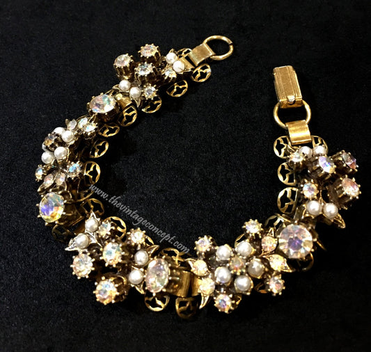 1950's Vintage Florenza Aurora Borealis Crystal & Faux Pearl Bracelet