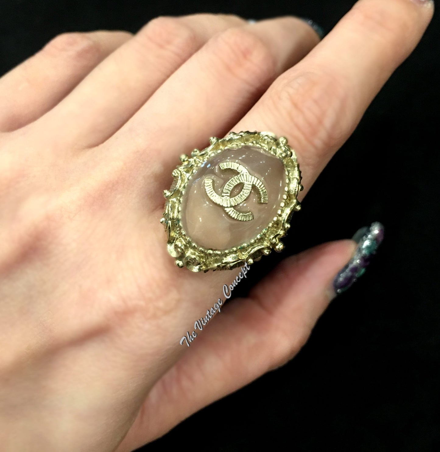 Chanel Classic Logo Sakura Agate Ring 13C (SOLD)