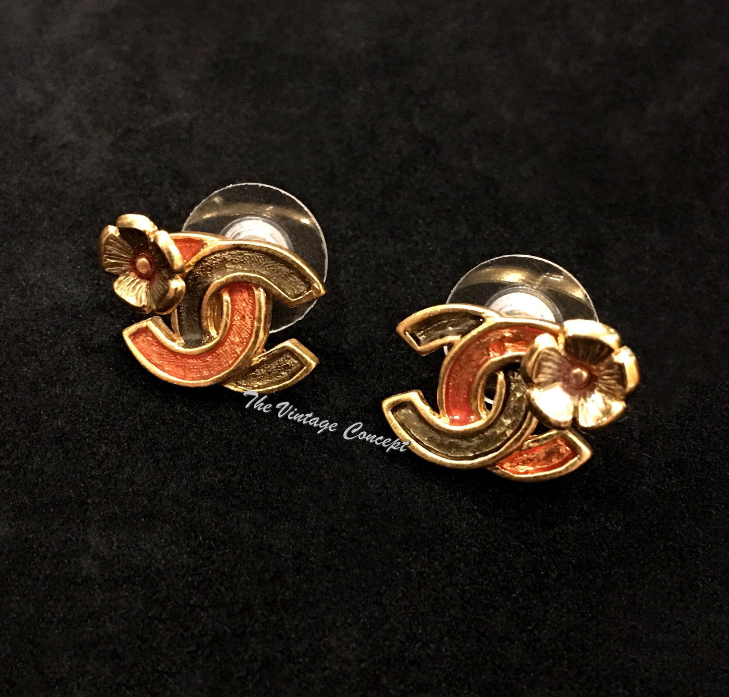 Chanel Gold Tone Flower Stud Logo Piece Earrings 03P  (SOLD)