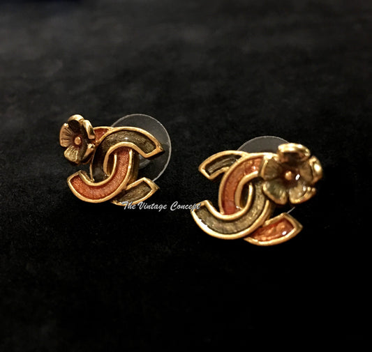 Chanel Gold Tone Flower Stud Logo Piece Earrings 03P  (SOLD)