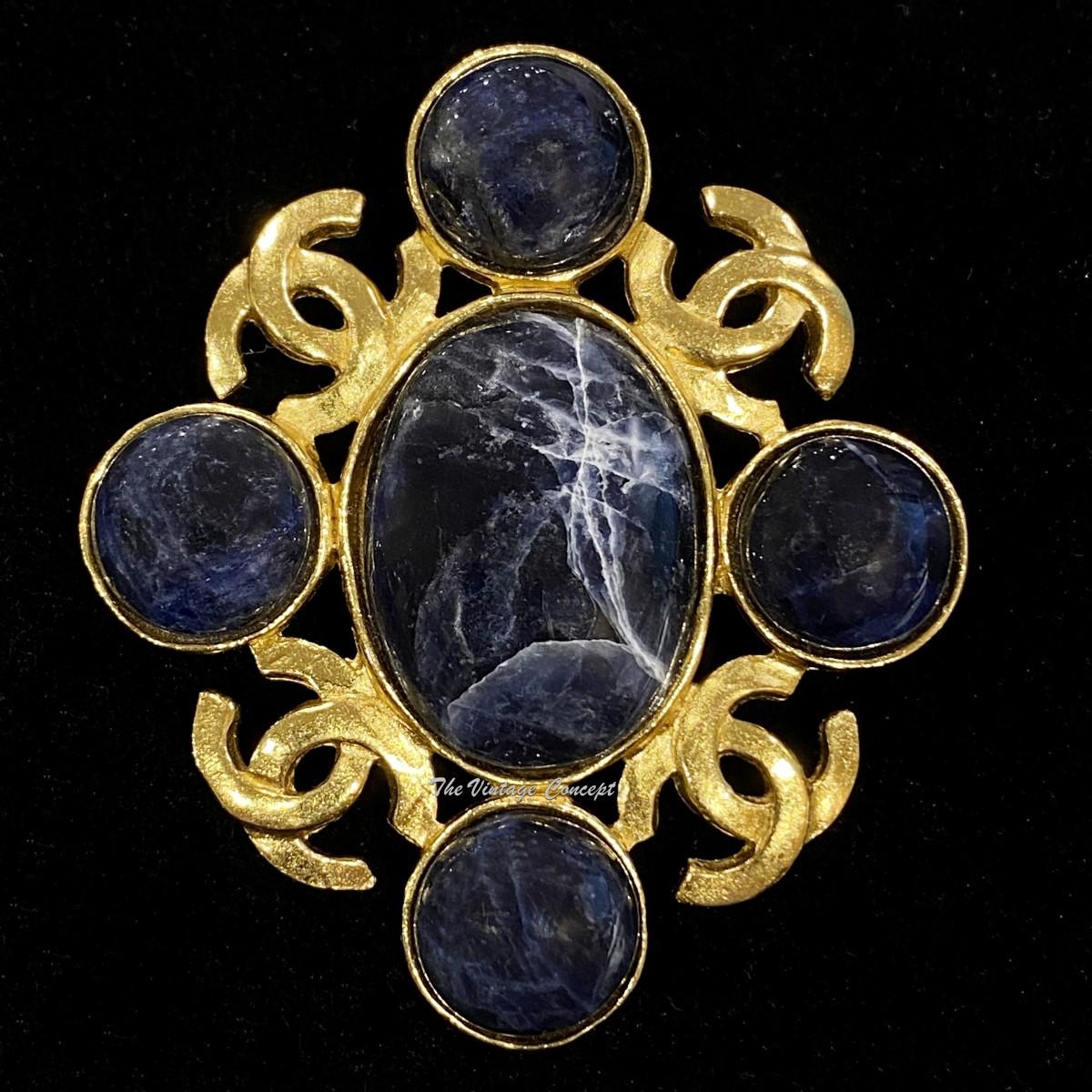 Chanel Gold Tone Lapis Stone CC Logo Brooch 95A