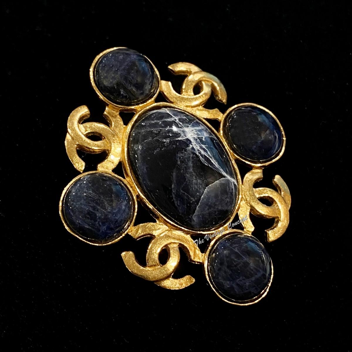 Chanel Gold Tone Lapis Stone CC Logo Brooch 95A