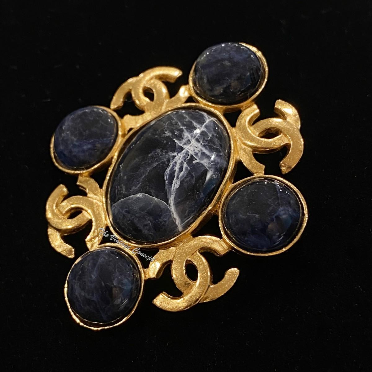 Chanel Gold Tone Lapis Stone CC Logo Brooch 95A