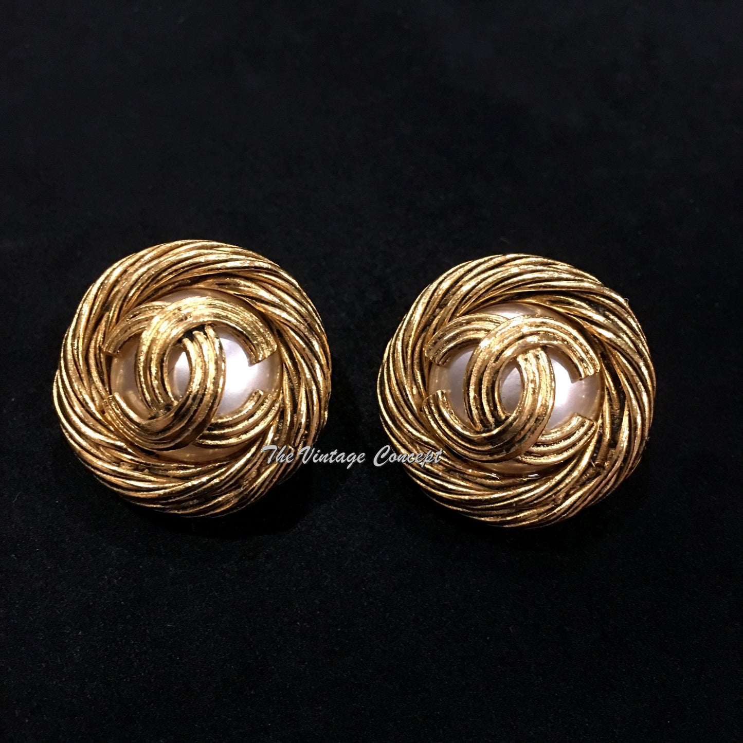 Chanel Gold Tone Faux Pearl w/ Logo Clip Earrings 94A