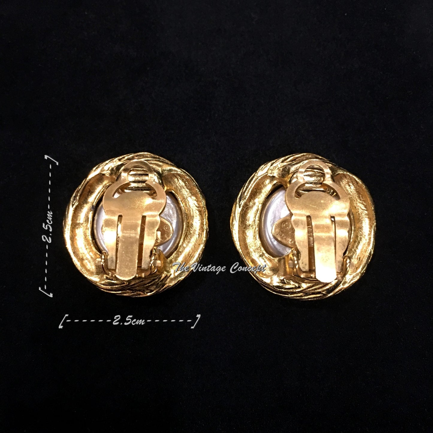 Chanel Gold Tone Faux Pearl w/ Logo Clip Earrings 94A