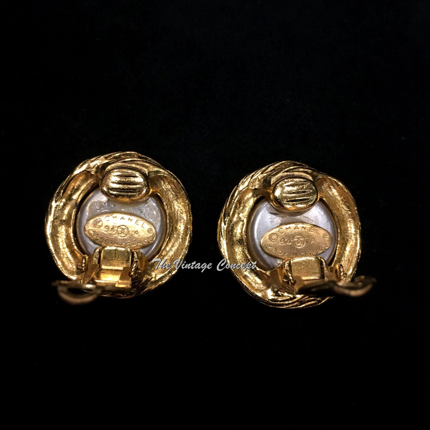 Chanel Gold Tone Faux Pearl w/ Logo Clip Earrings 94A