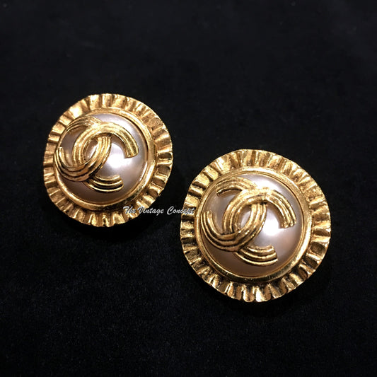 Chanel Gold Tone Faux Pearl w/ Logo Clip Earrings 94A