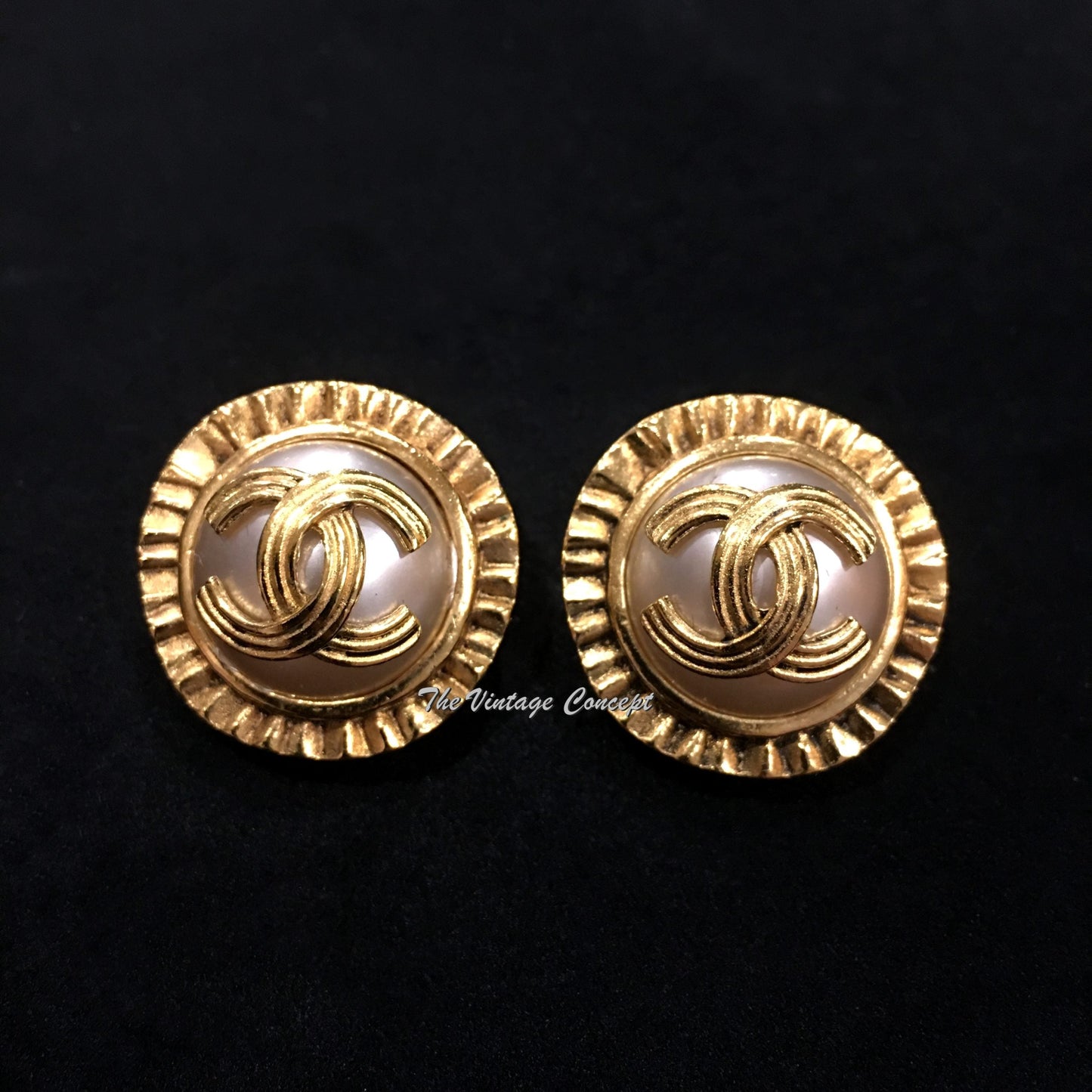 Chanel Gold Tone Faux Pearl w/ Logo Clip Earrings 94A