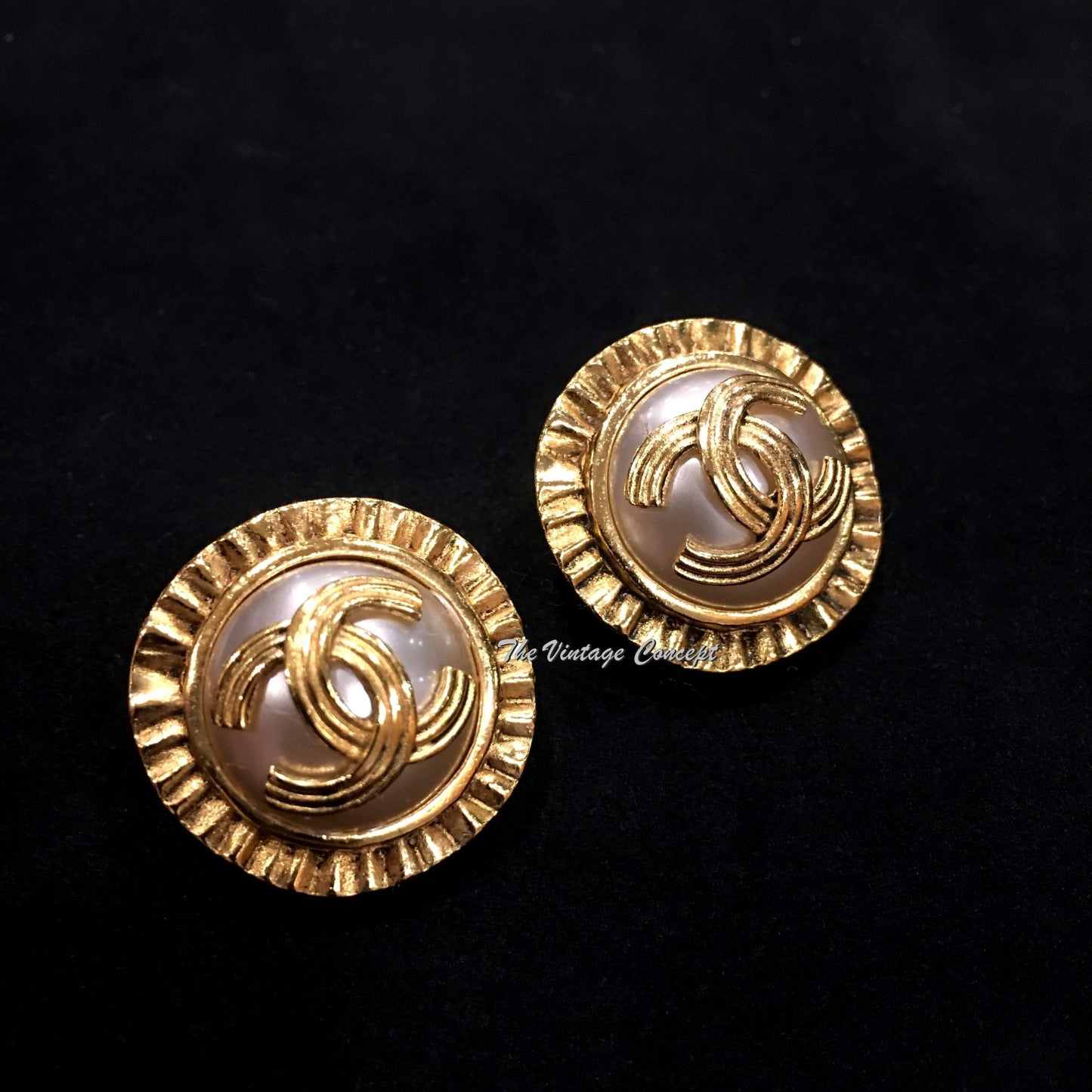 Chanel Gold Tone Faux Pearl w/ Logo Clip Earrings 94A