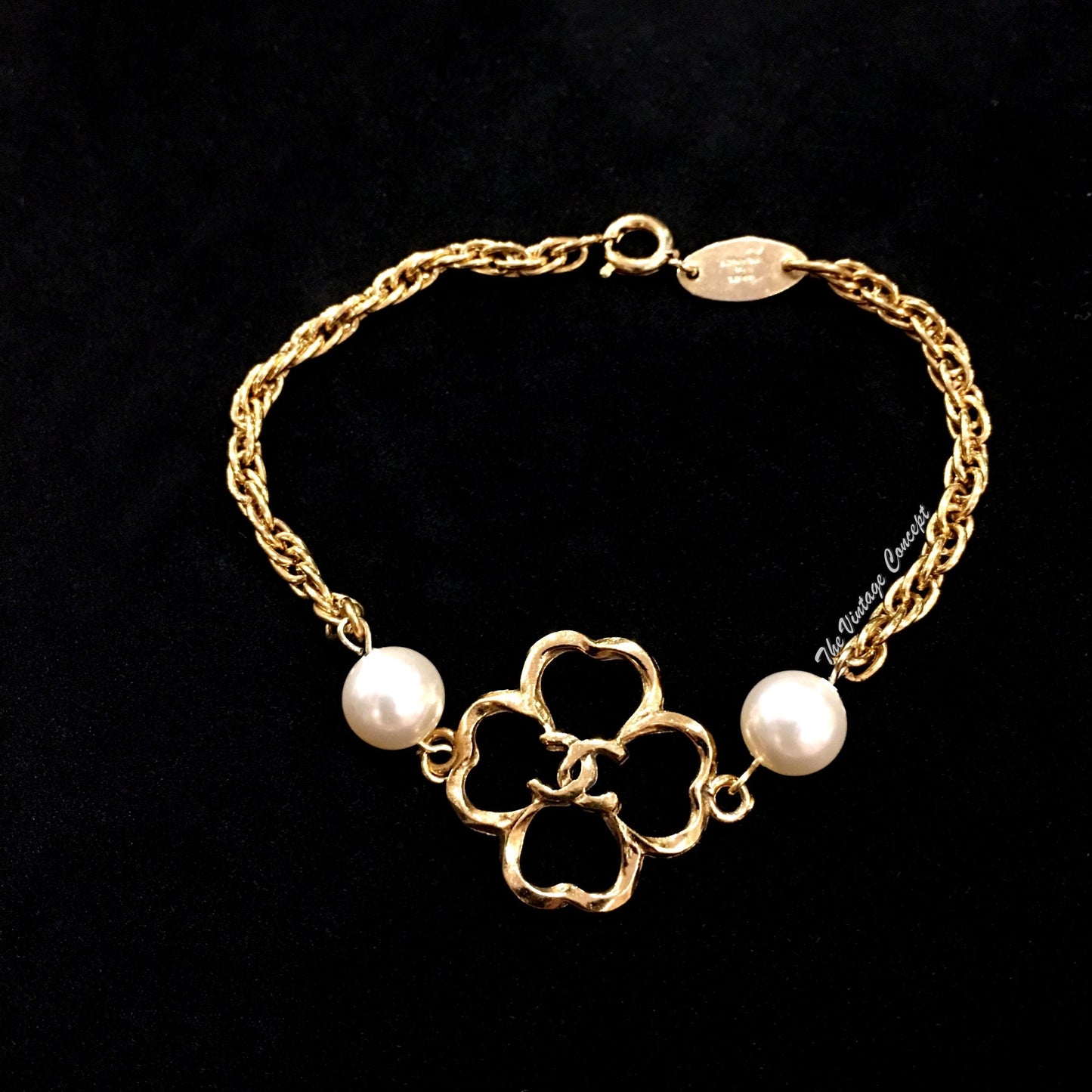 Chanel Gold Tone Clover CC Logo Bracelet 1983