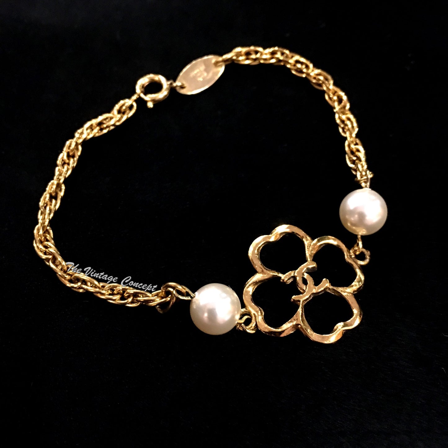 Chanel Gold Tone Clover CC Logo Bracelet 1983